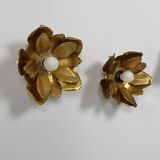 Pair of vintage flower wall lights, gilded metal, France, 1970.