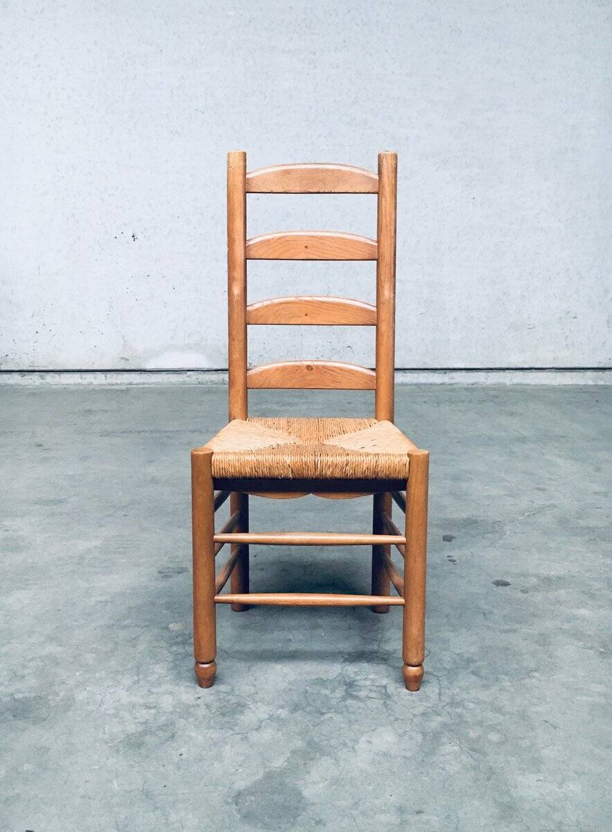 Rustic Oak and Rush High Ladder Back Dining Chairs, Belgium, 1950s, Set of 6