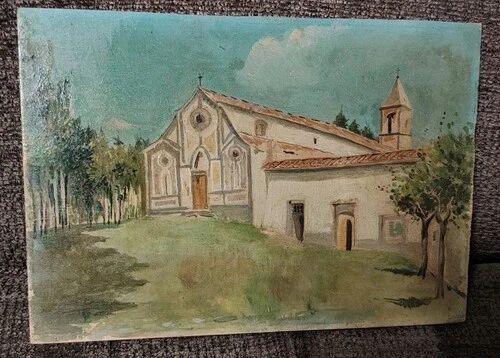 Oil painting fortunato giulio faini 1869-1952 basilica montefiesole