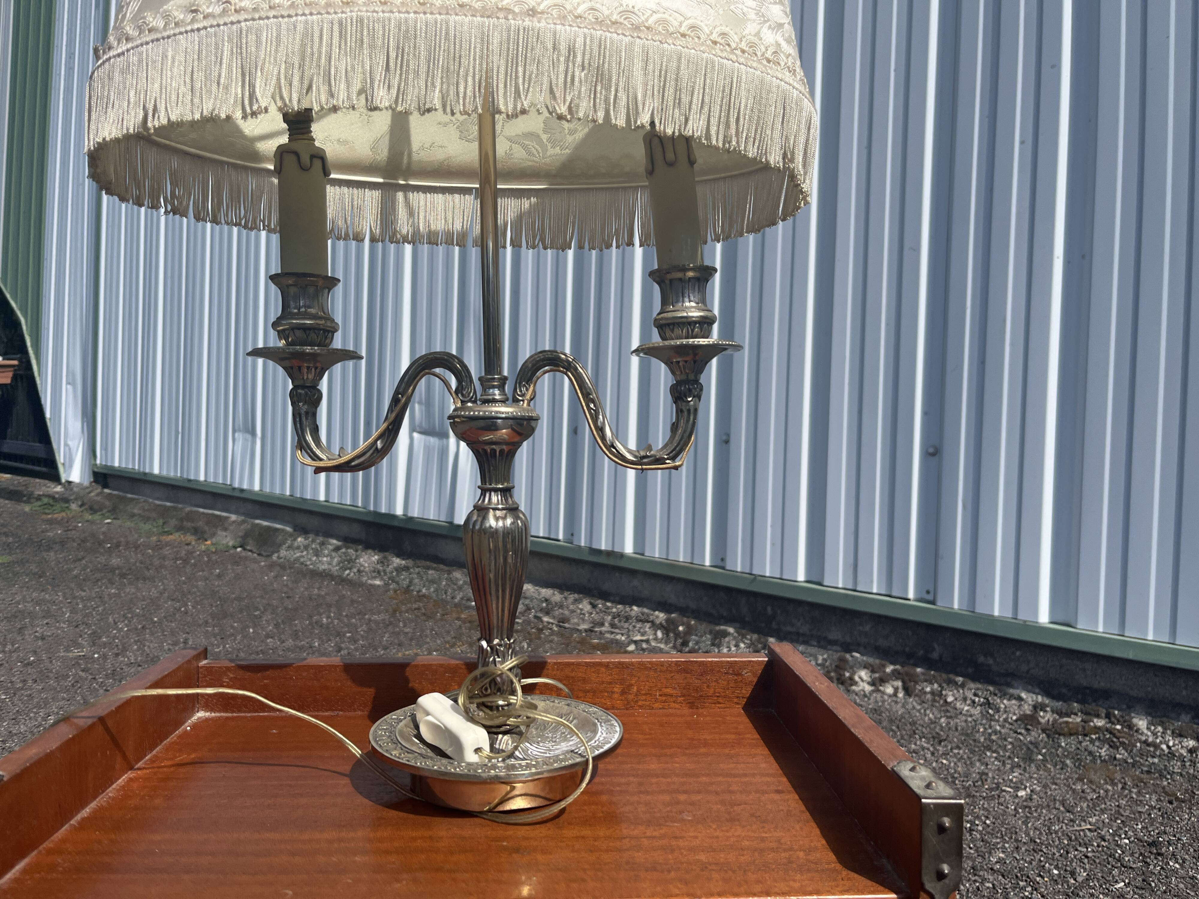 Two-armed hot water bottle lamp in silver metal with fringed fabric shade