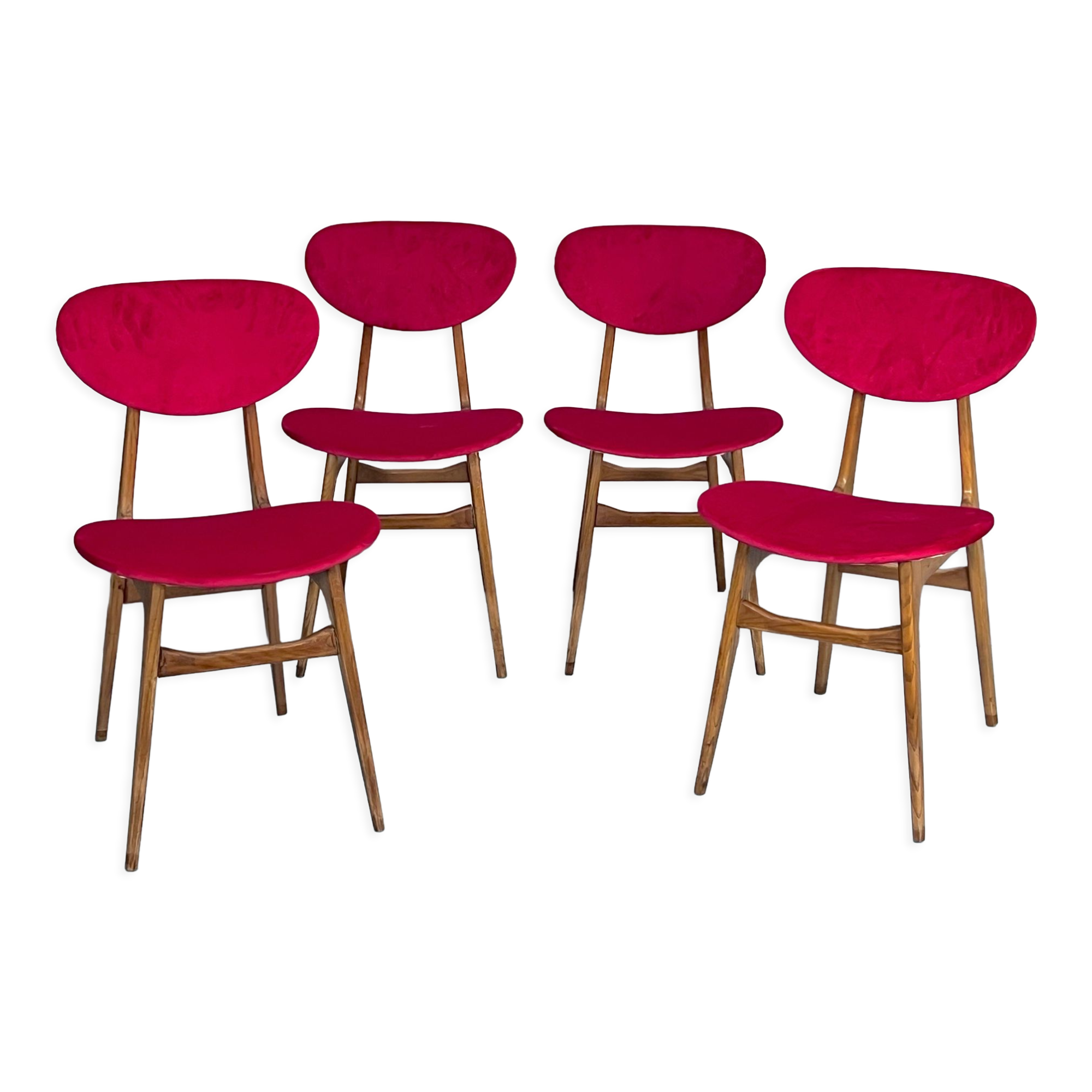 Set of four red velvet and wood dining chairs, Italy 1950