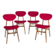4 chaises de salle à manger en velours rouge et en bois, Italie des années 1950
