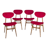 4 chaises de salle à manger en velours rouge et en bois, Italie des années 1950