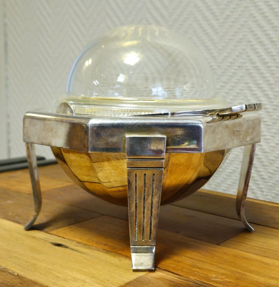 Art Deco caviar bowl in silver-plated metal and glass – 1930s