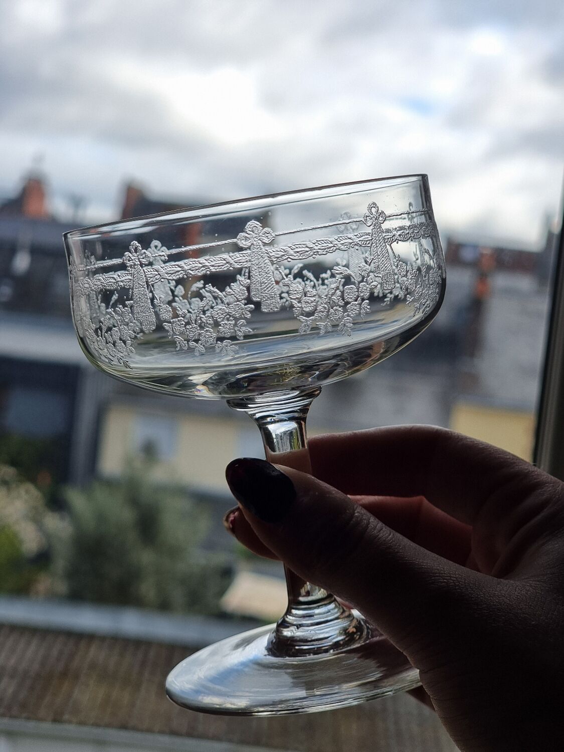 Engraved crystal champagne coupes