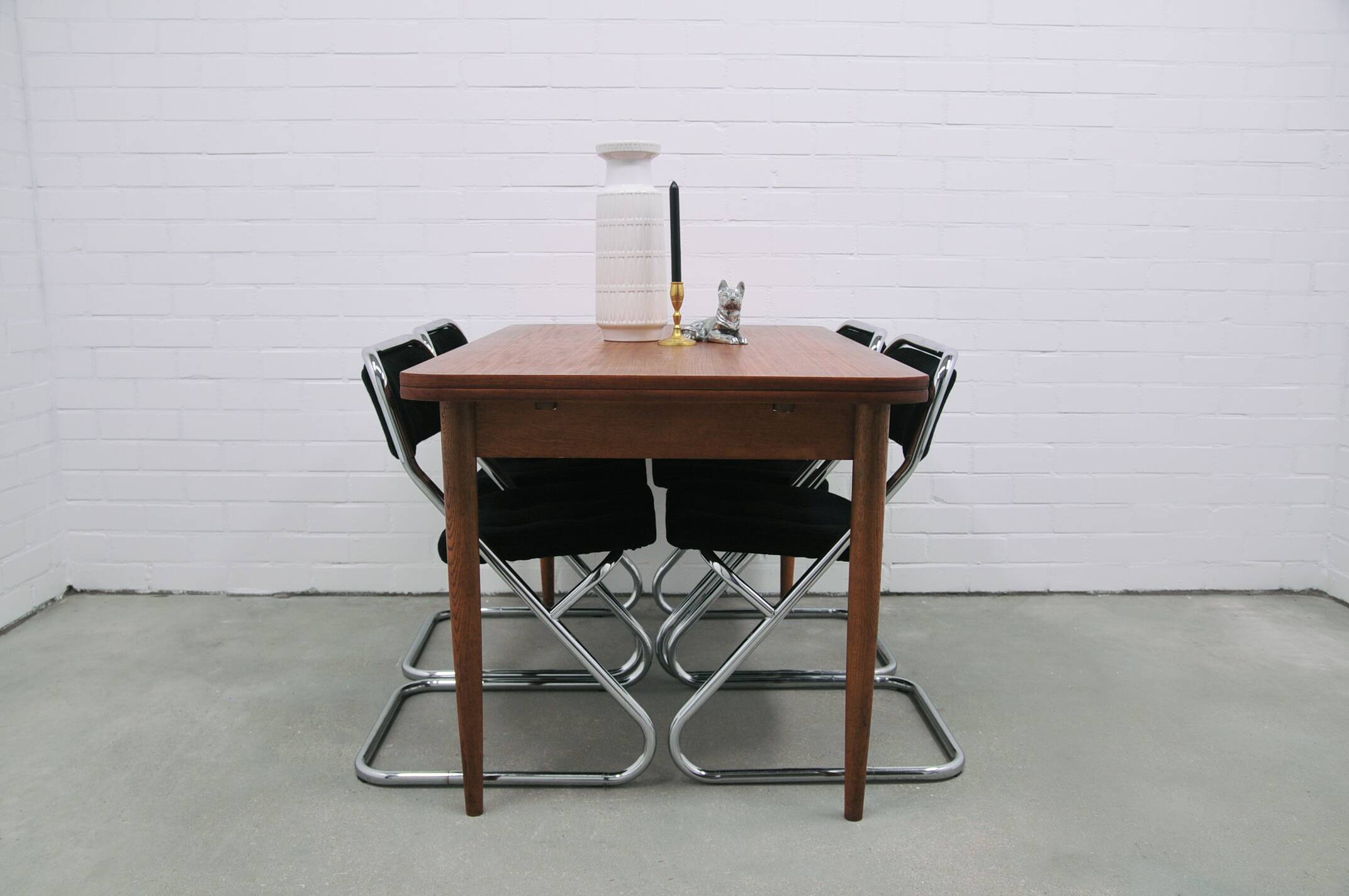 vintage set of x4 chrome tubular chairs black rib