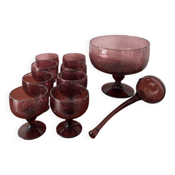 Service à punch vintage  – Verre bullé artisanal, coupe ou louche
