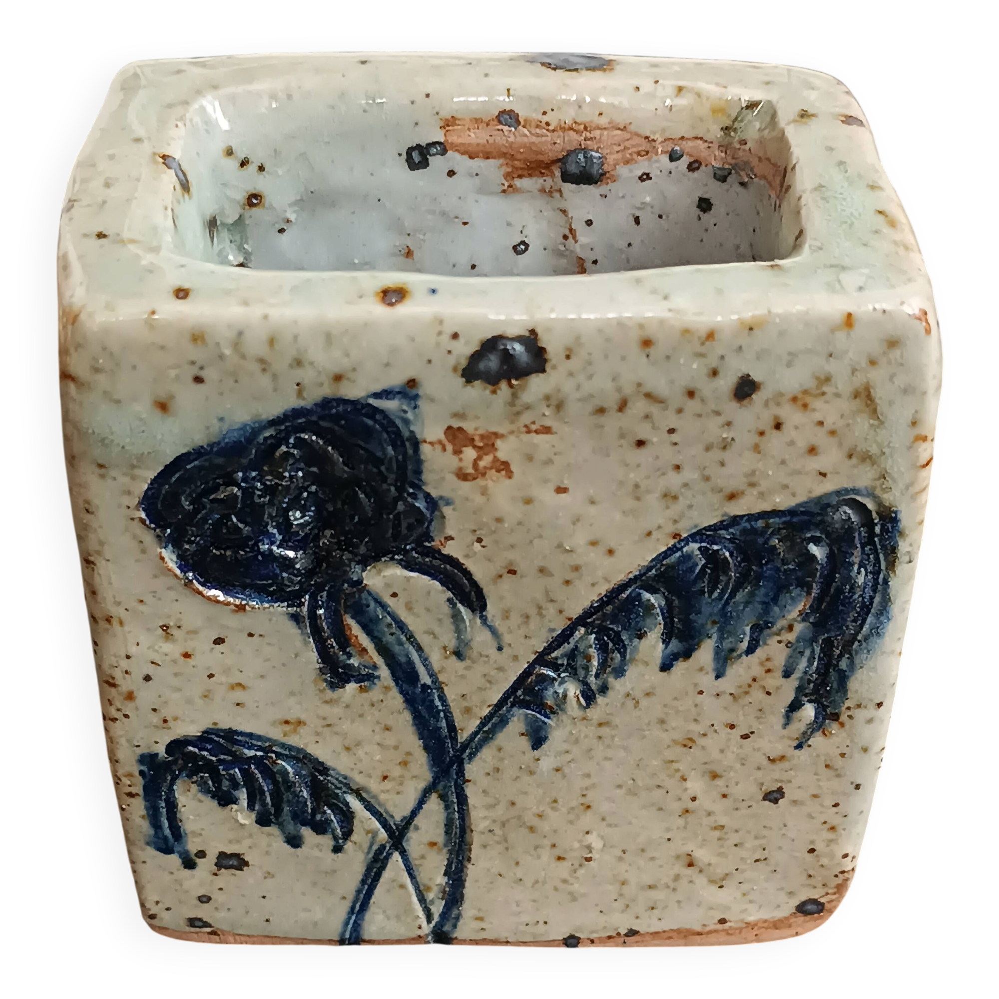 Pyrite stone vase with blue thistle decoration by Suzanne Dauliach, vintage.