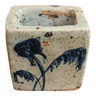 Pyrite stone vase with blue thistle decoration by Suzanne Dauliach, vintage.