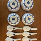 4 rice bowls "grains of rice" and 6 porcelain spoons