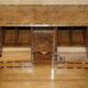 Antique George II bureau from 1740 in walnut, rosewood, and leather.