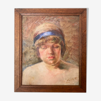 Tableau ancien, portrait d’une jeune fille, signé, années 60/70