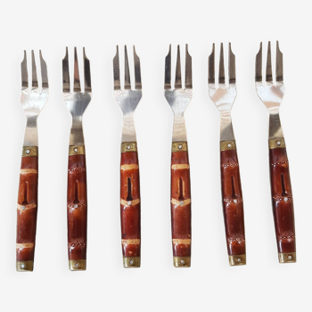 Set of 6 vintage wooden handle dessert forks 1970