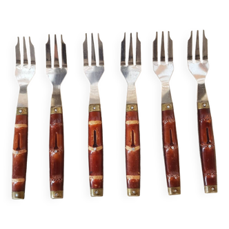 Set of 6 vintage wooden handle dessert forks 1970