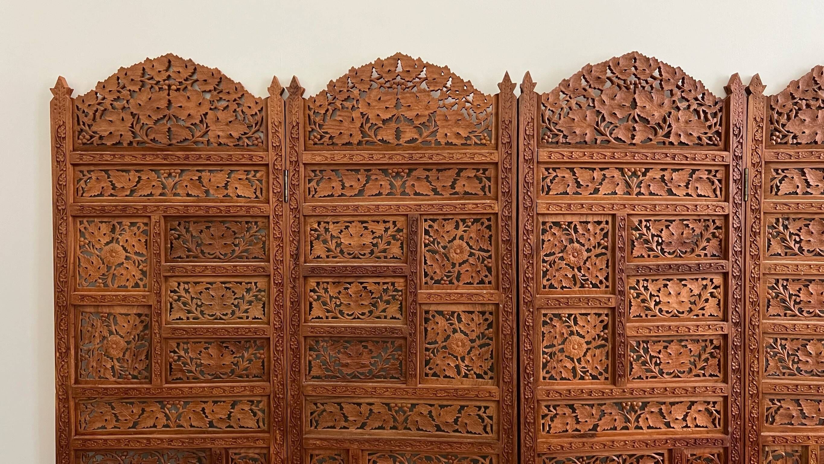 Vintage Asian carved teak screen — mid-20th century