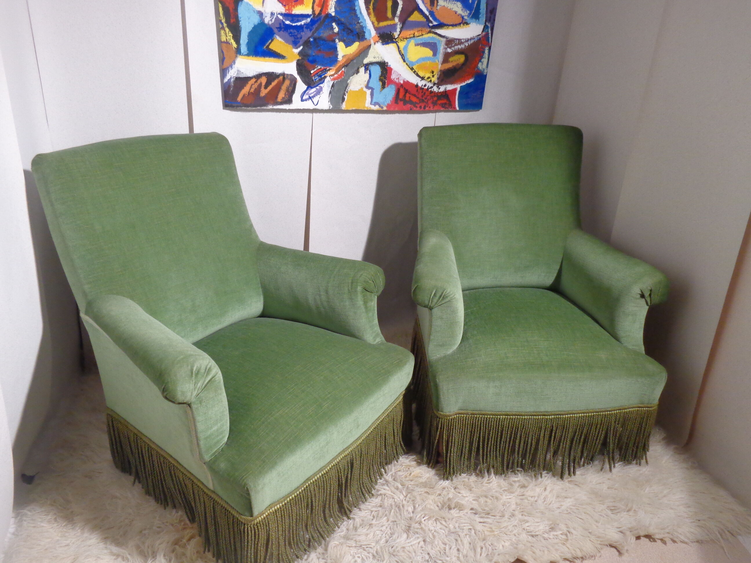Pair of toad armchairs in green velvet