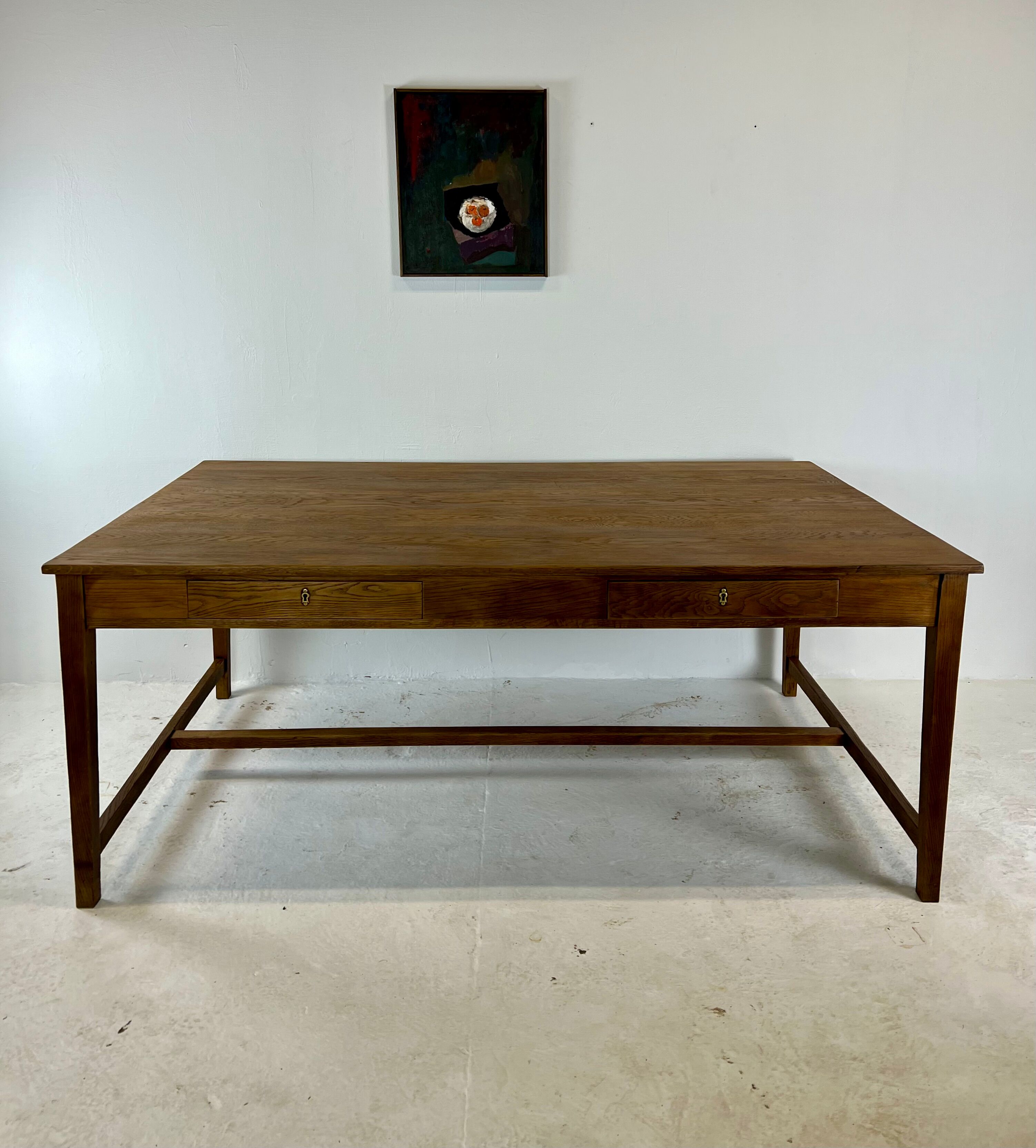 Two-sided oak work table, with 4 drawers