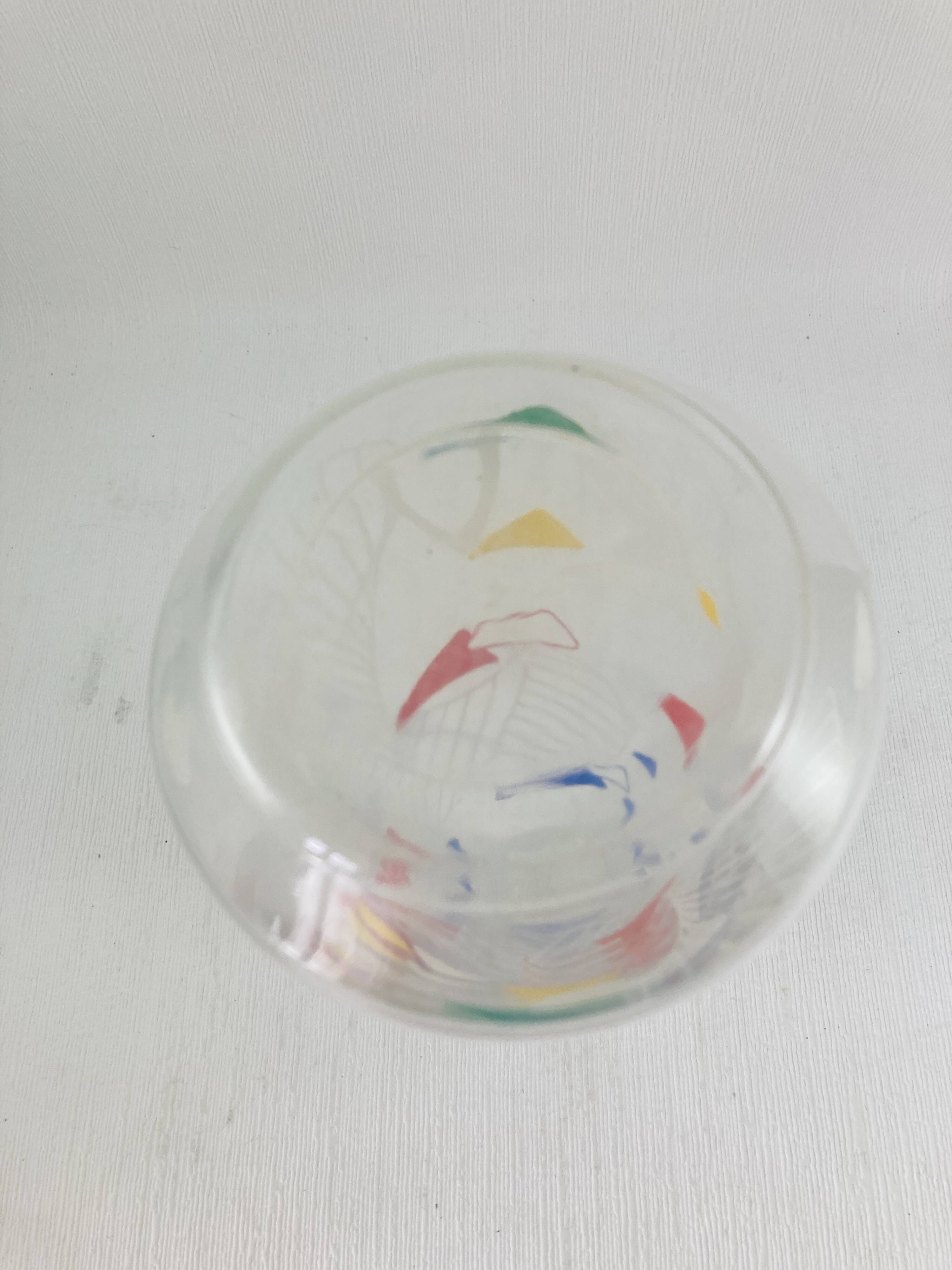 Vintage glass carafe 1960 Atomic boomerang decor blue red yellow