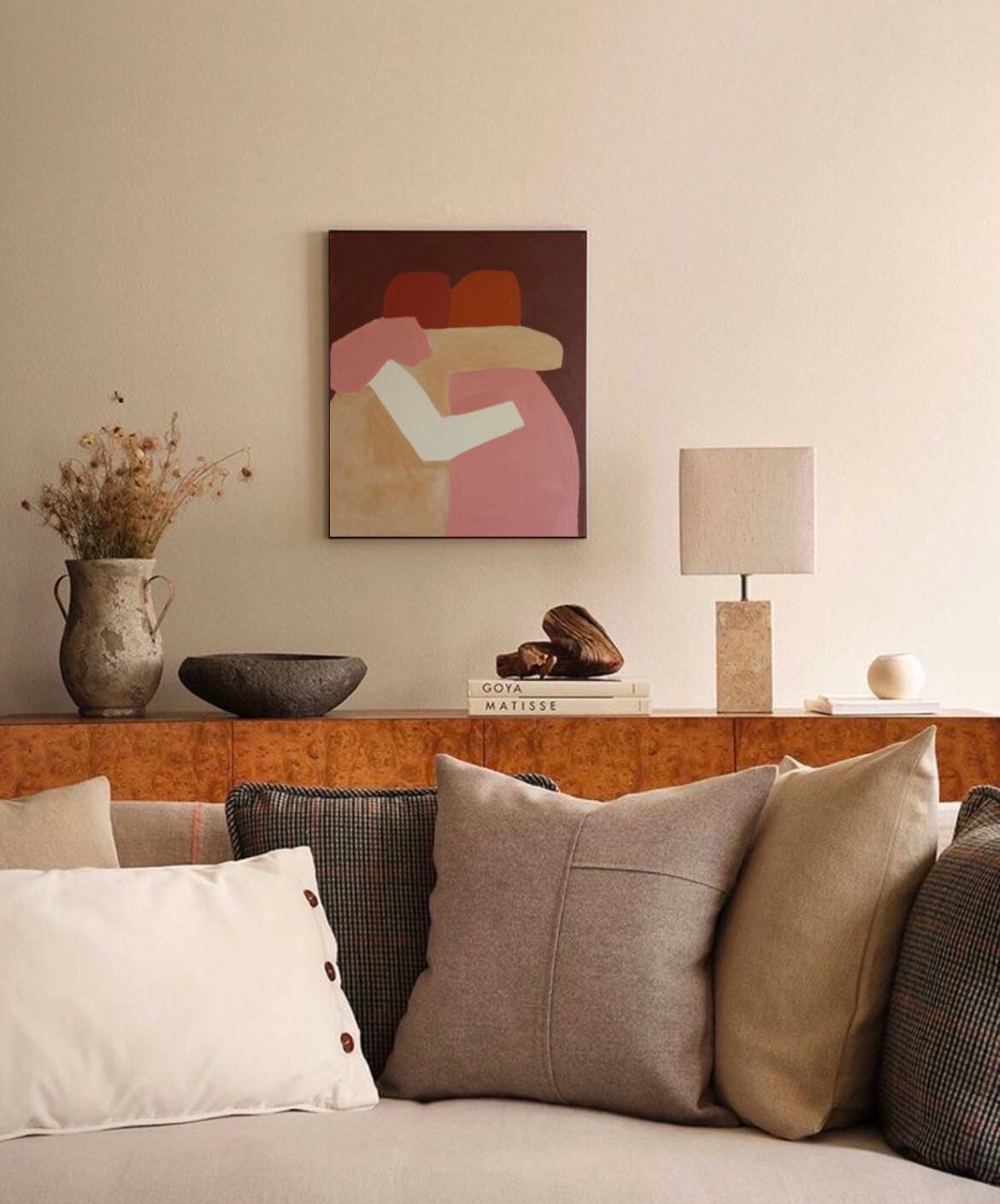 Minimalist figurative painting version burgundy "don't leave me".