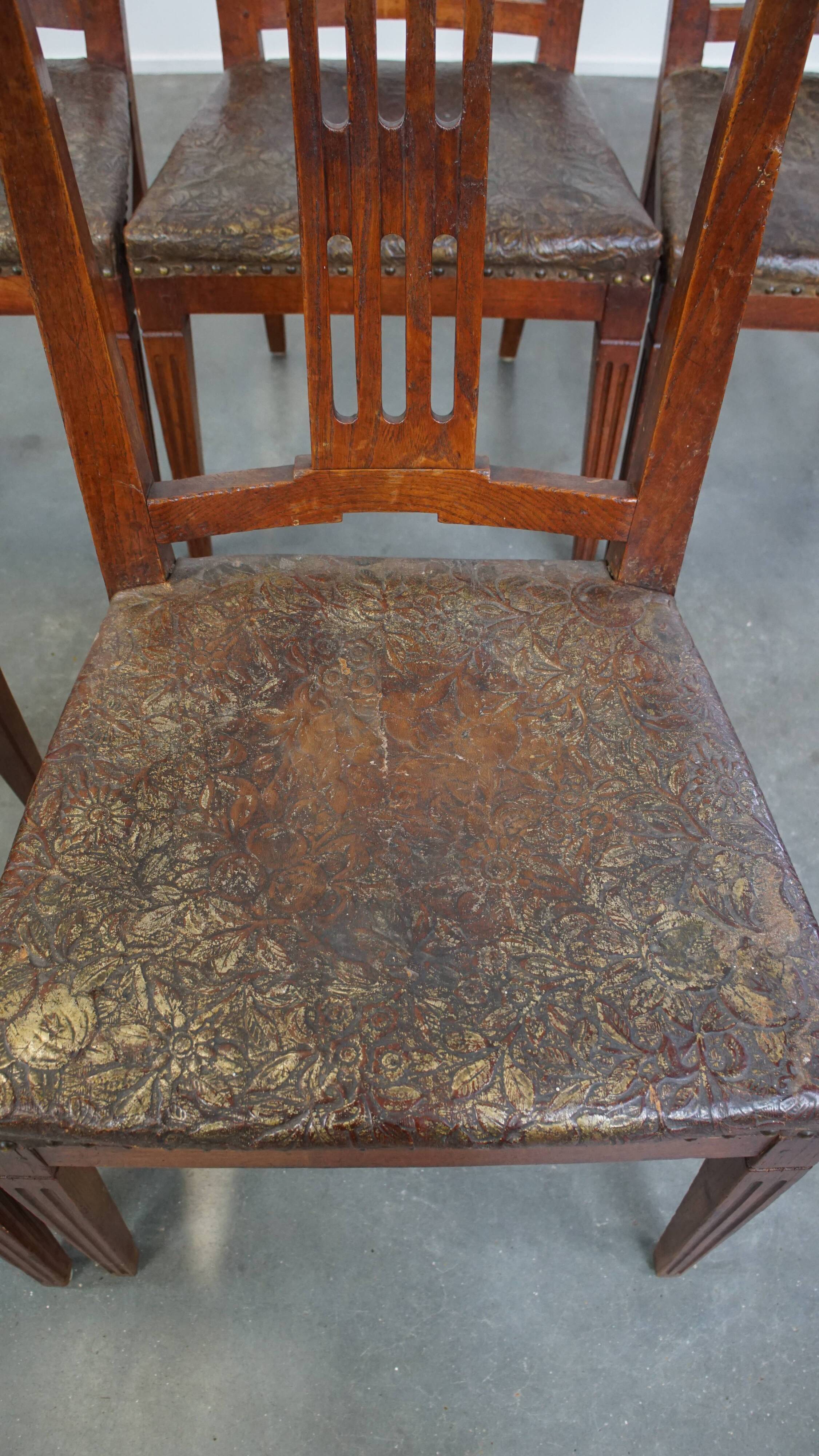 Ensemble de 6 chaises de salle à manger en cuir antiques d'origine néerlandaise