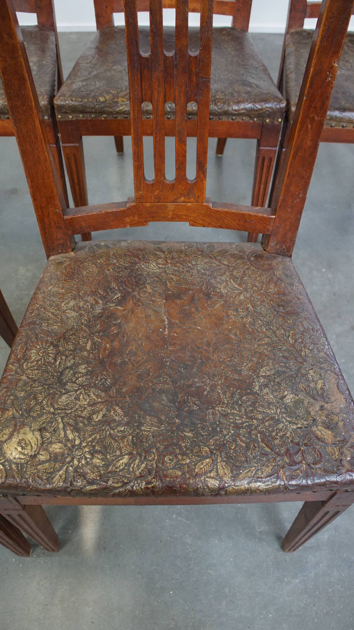Set of 6 Original Antique Dutch Leather Dining Chairs