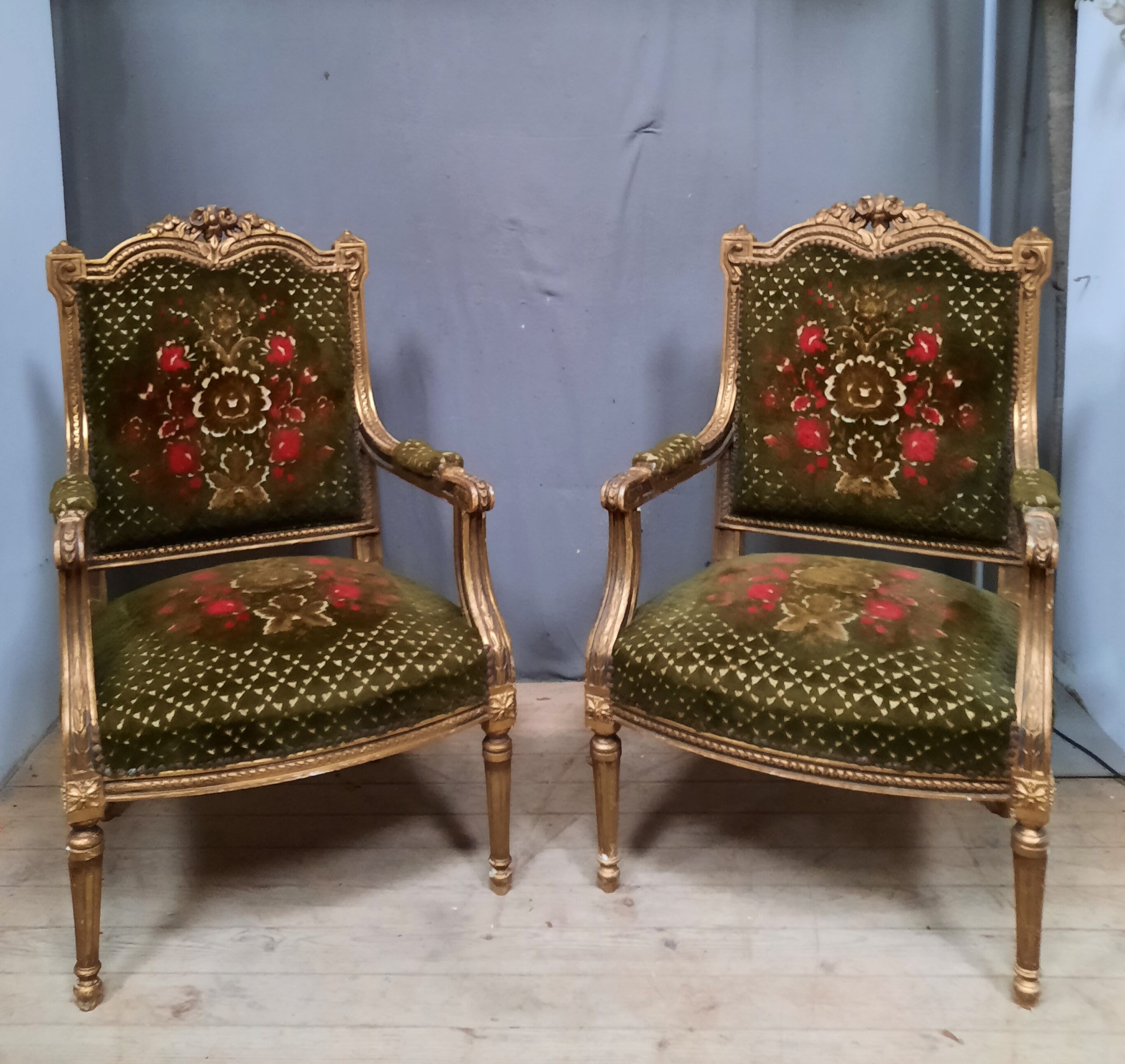 Pair of armchairs in gilded wood Louis XVI style