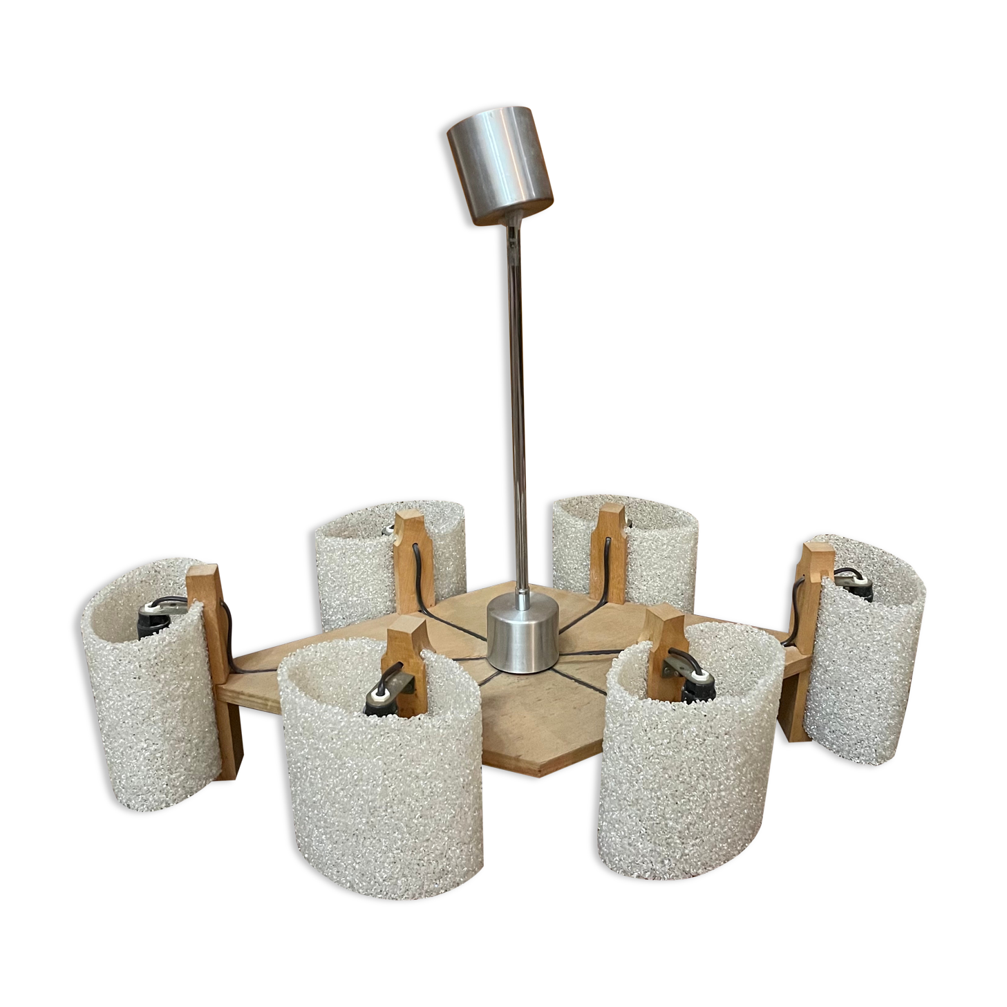 Scandinavian chandelier in wood and perspex