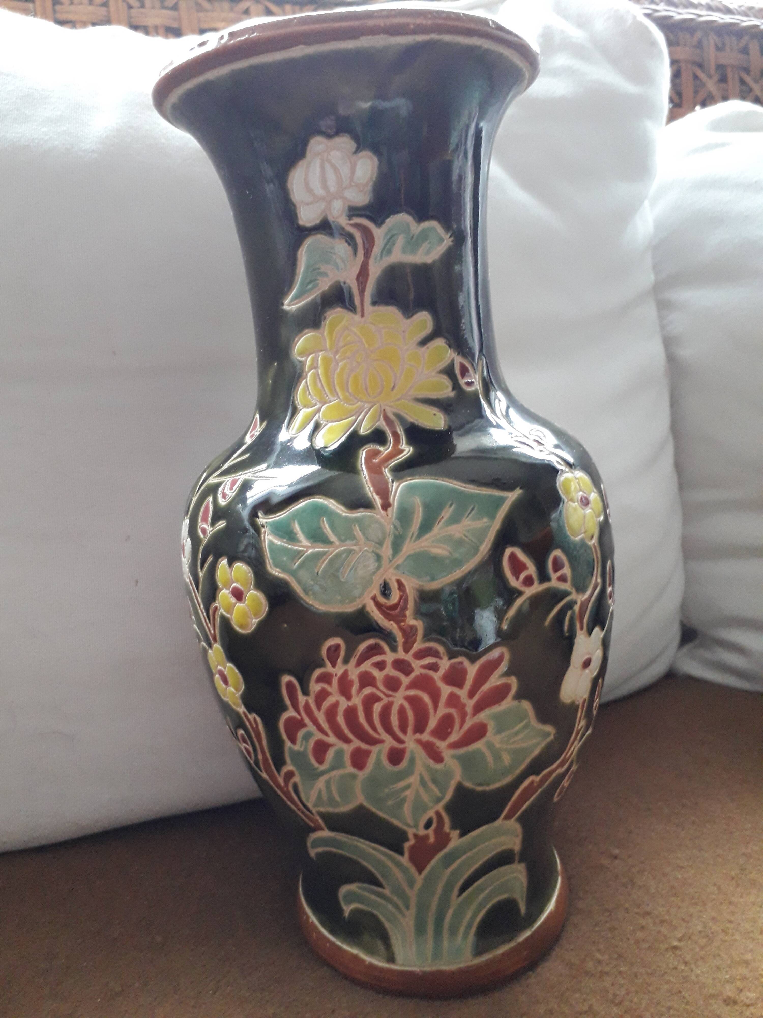 Large vintage ceramic vase with floral decoration