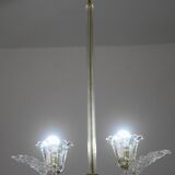 Elegant 2 cup Barovier Art Deco chandelier, Murano glass, brass structure 1940s