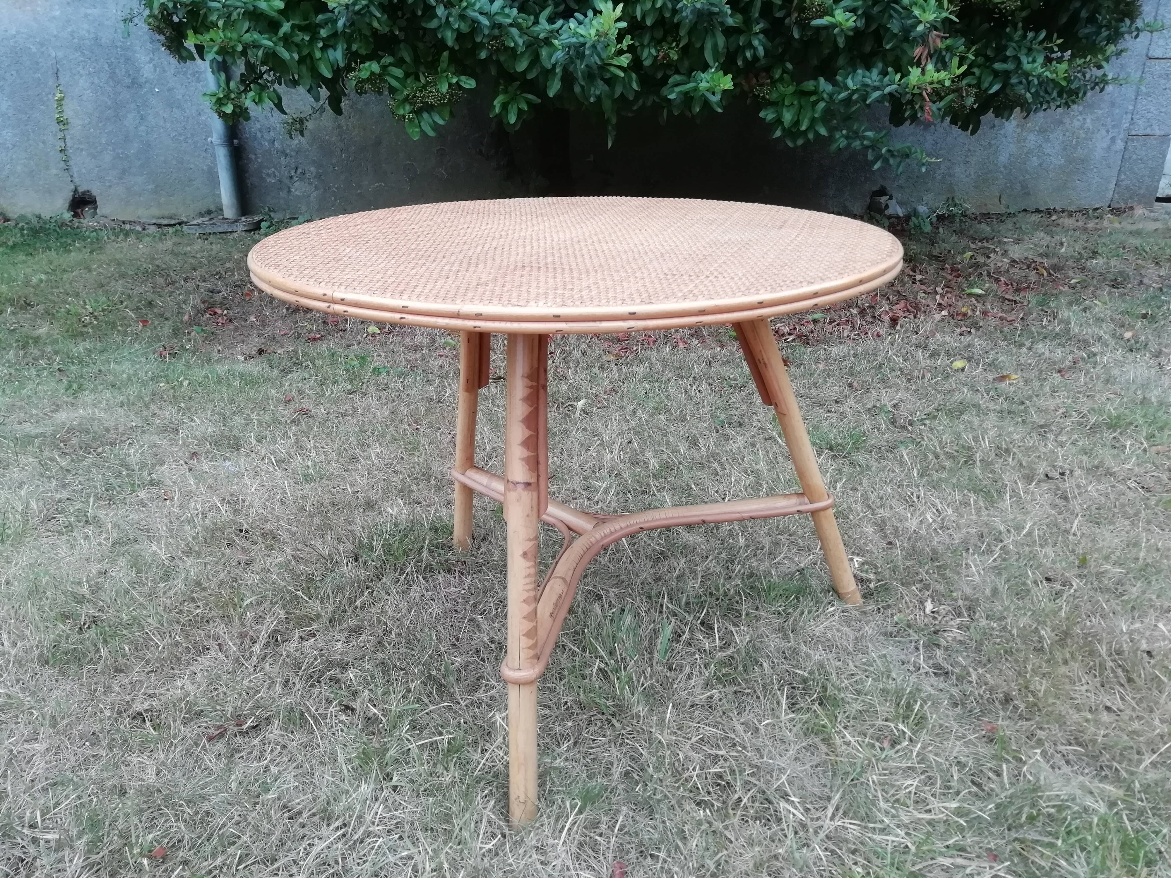 Vintage round rattan tripod coffee table
