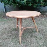 Table basse rotin ronde trépied vintage