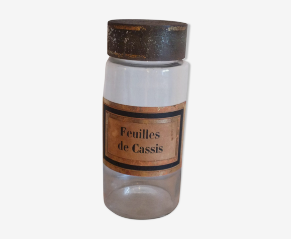 Ancien pot à pharmacie - apothicaire en verre, feuilles de cassis