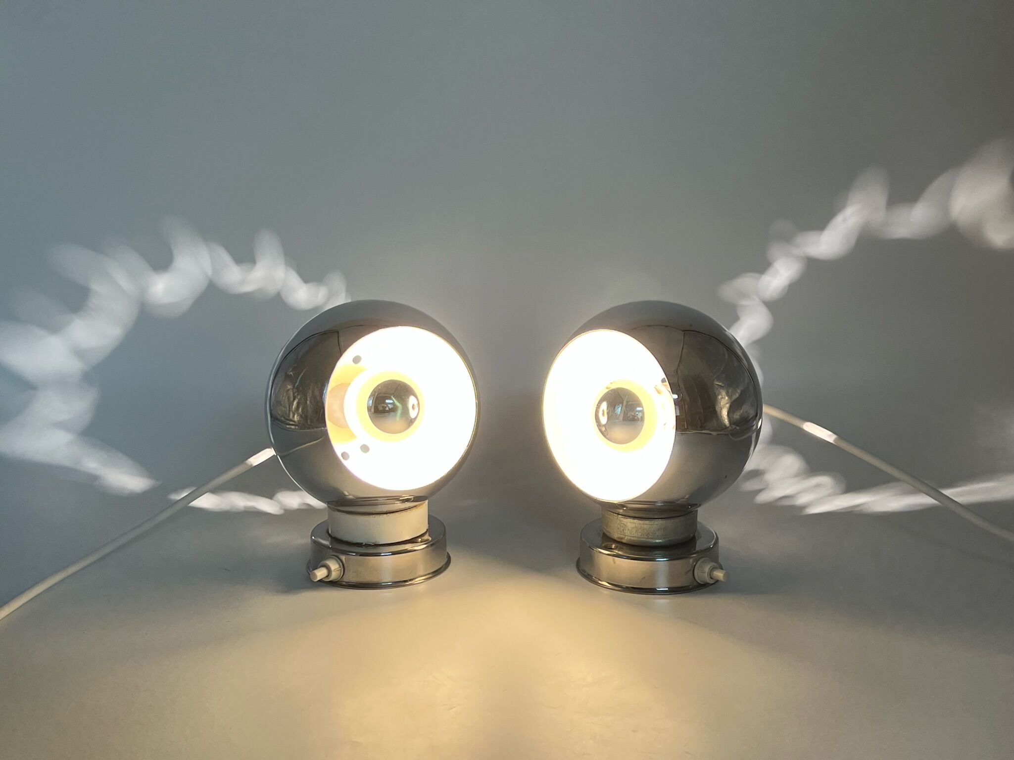 60s lamp set Reggiani Eyeball  chromed globe wall lamps - space age desk lamps