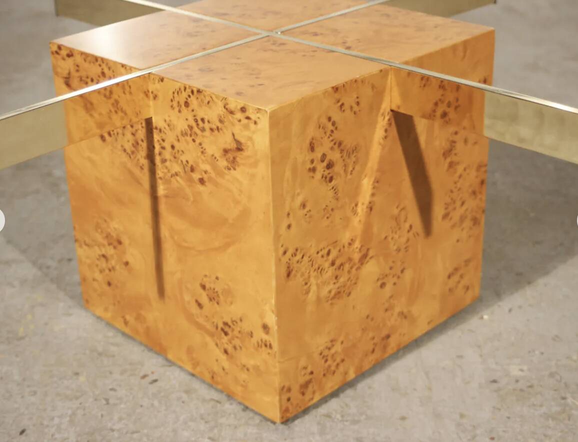 Coffee table in elm burl and tempered glass by Jean-Claude Mahey for Roche Bobois.