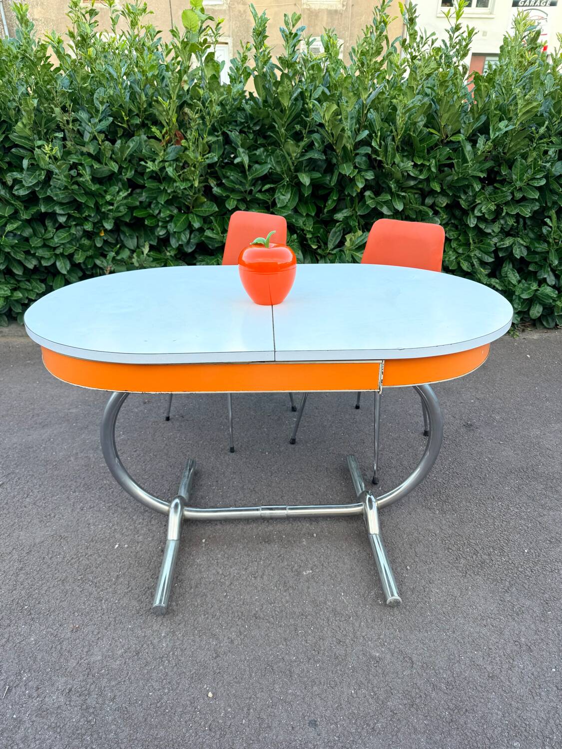 Formica leatherette chair with orange table, vintage 70s Space Age