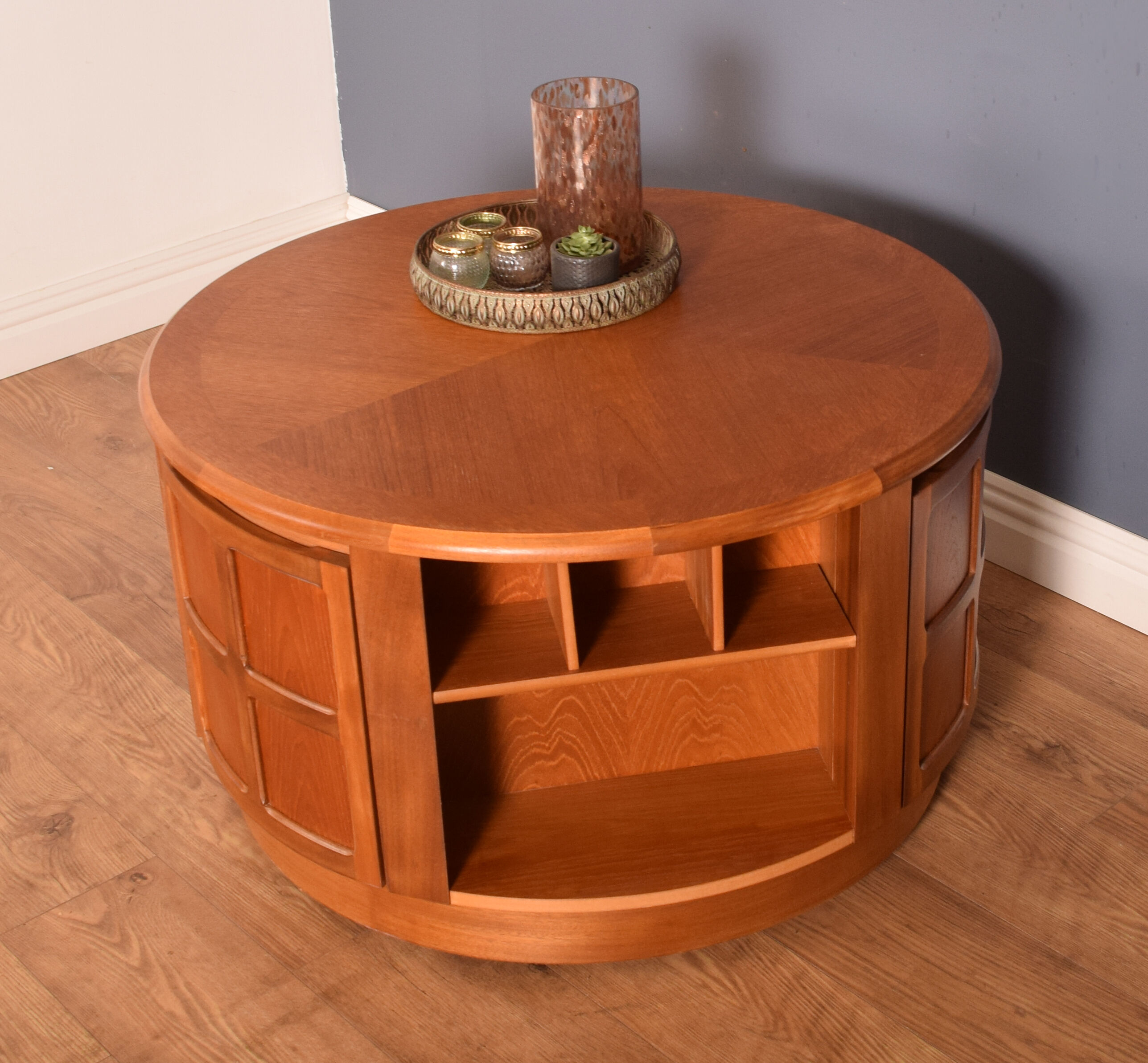 Restored teak retro round nathan squares drum coffee table collectors item