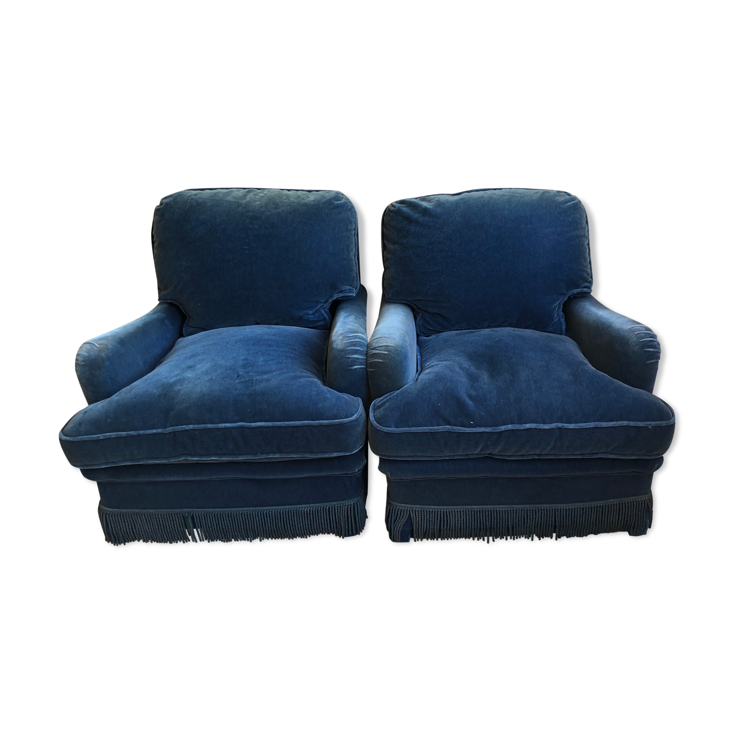 Pair of vintage chairs in oil blue velvet.