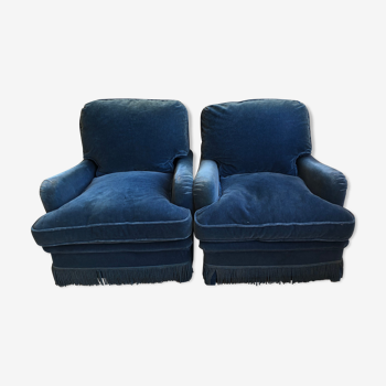 Paire de fauteuils vintage en velours bleu pétrole.