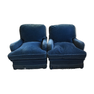 Paire de fauteuils vintage en velours bleu pétrole.