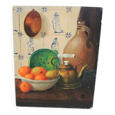 Ancien tableau à l’huile : nature morte au carrelage hollandais