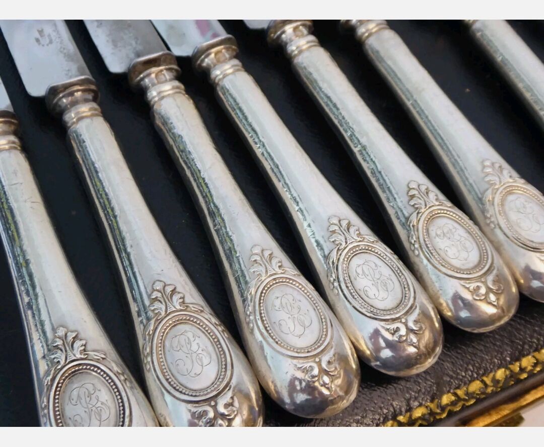 12 old filled silver handle knives