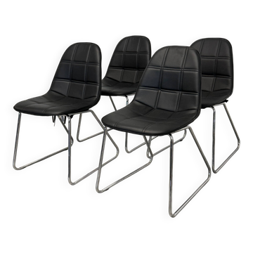 Lot de 4 chaises de salle à manger modernes en similicuir noir avec piètement luge chromé