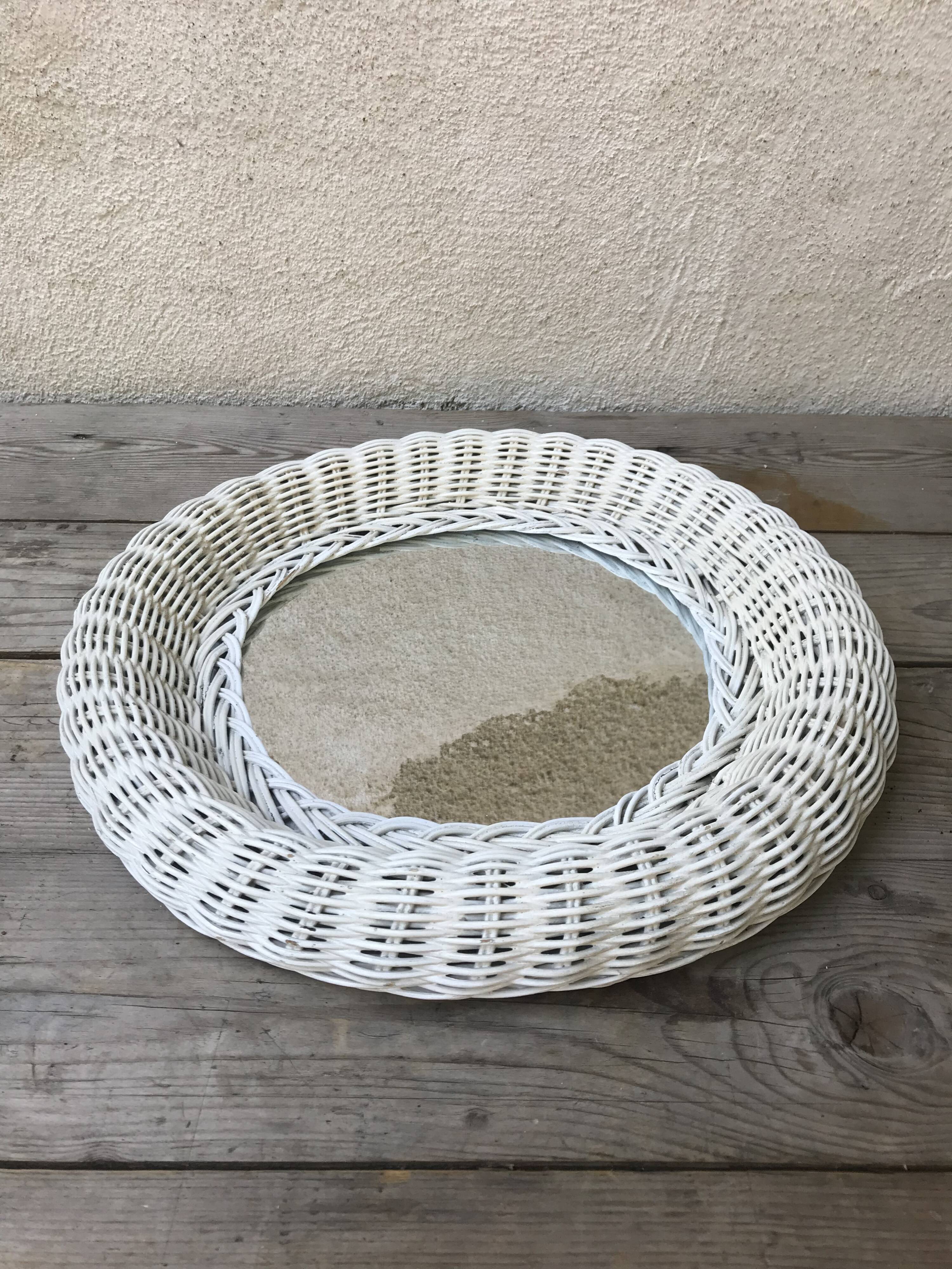 Old white rattan mirror 60  - 38x38cm