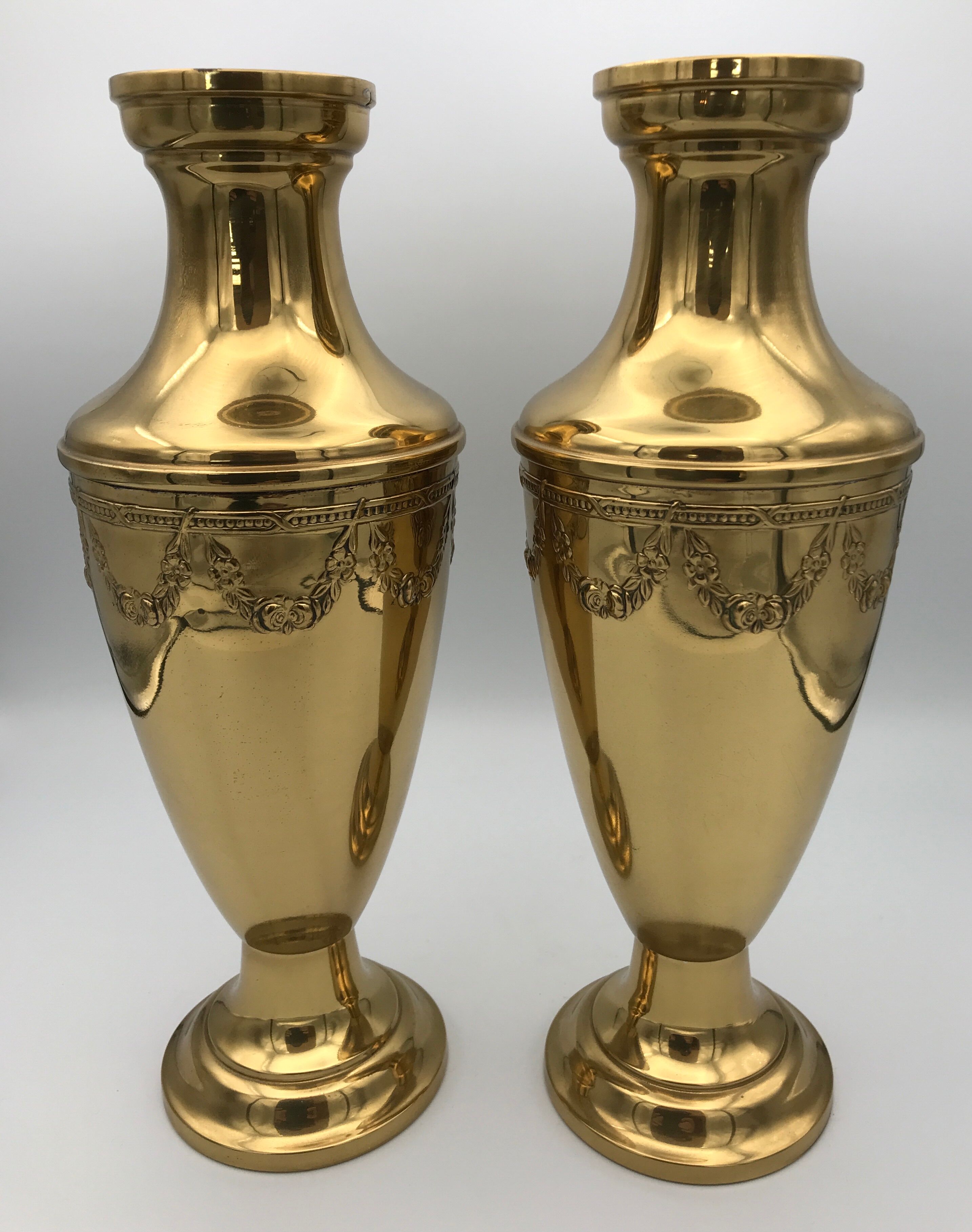 Pair of golden brass vases with floral frieze pattern 27.5 cm