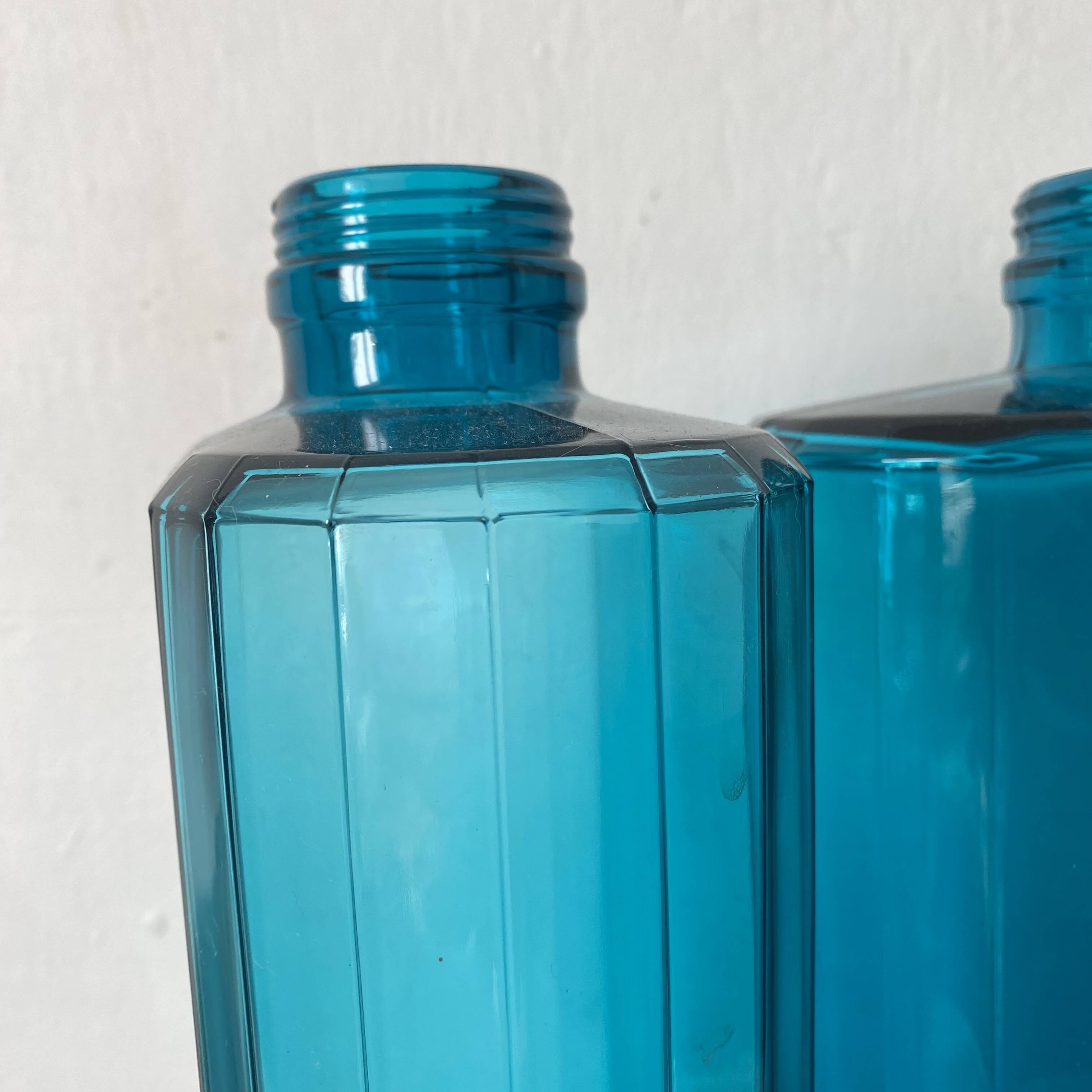 Turquoise glass bottles 36 cm, Fougère glassworks