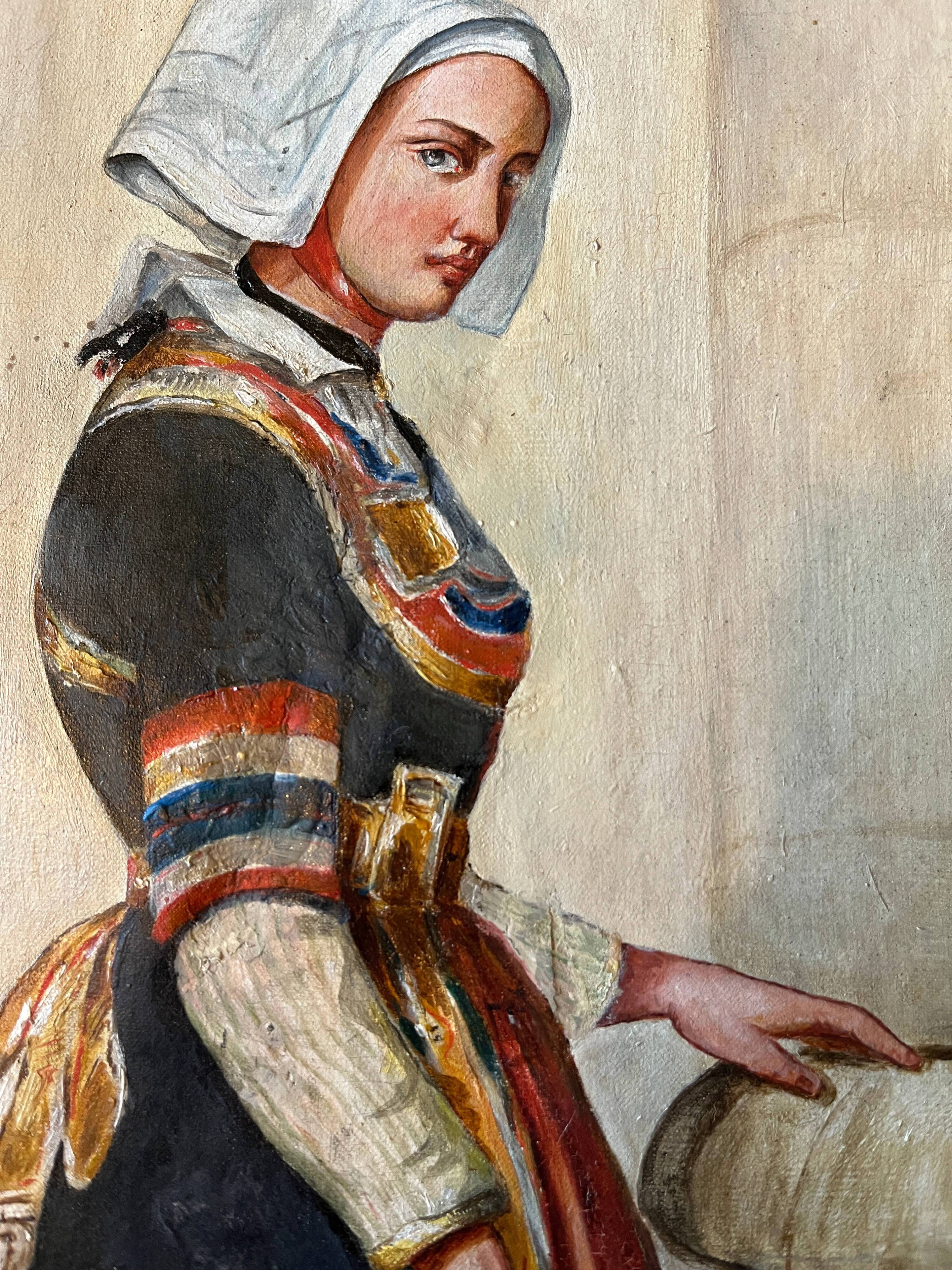 HST painting "Portrait of a young woman in traditional costume" 19th century