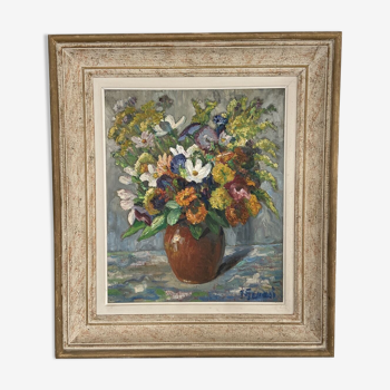 Oil on canvas painting still life signed framed Genasi cut flowers