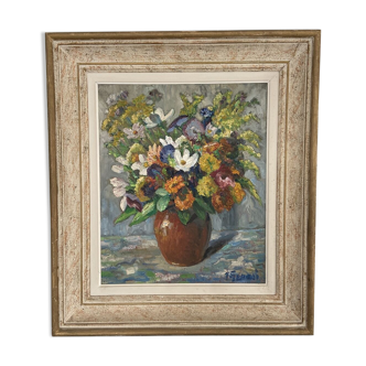 Peinture huile sur toile nature morte signé encadré Génasi fleurs coupées