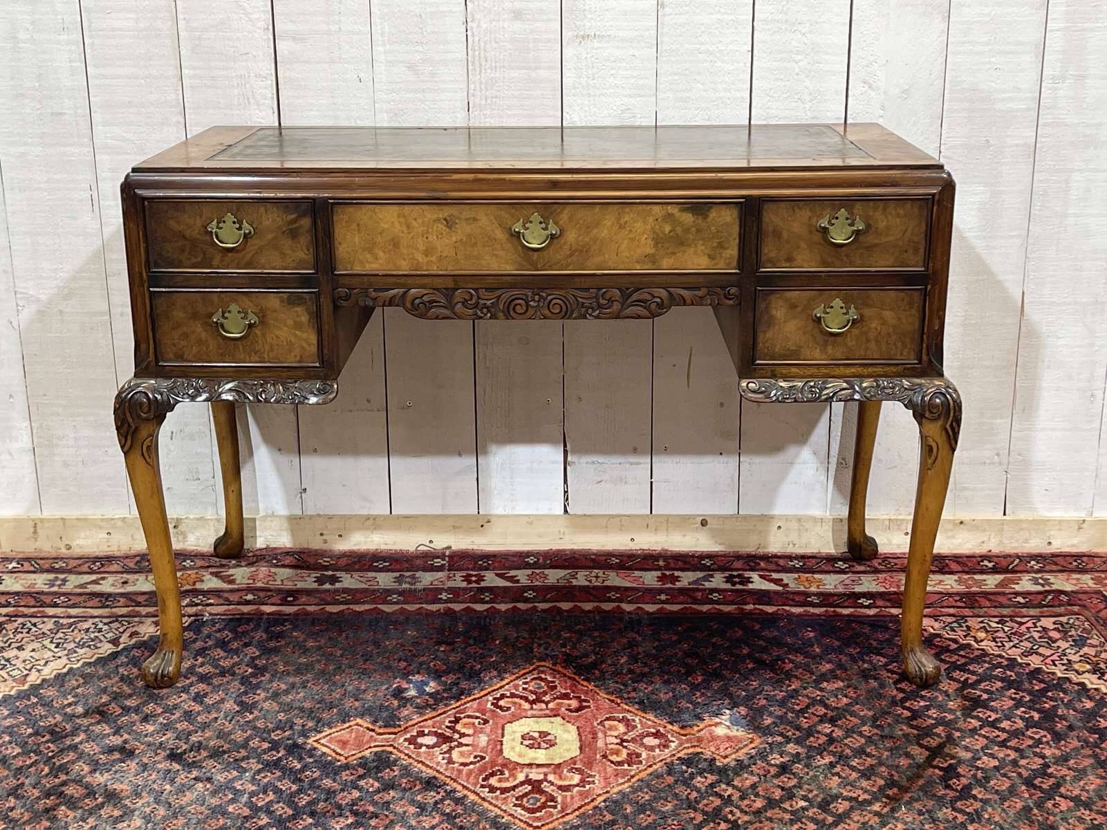 1930s Chippendale English desk in burr walnut
