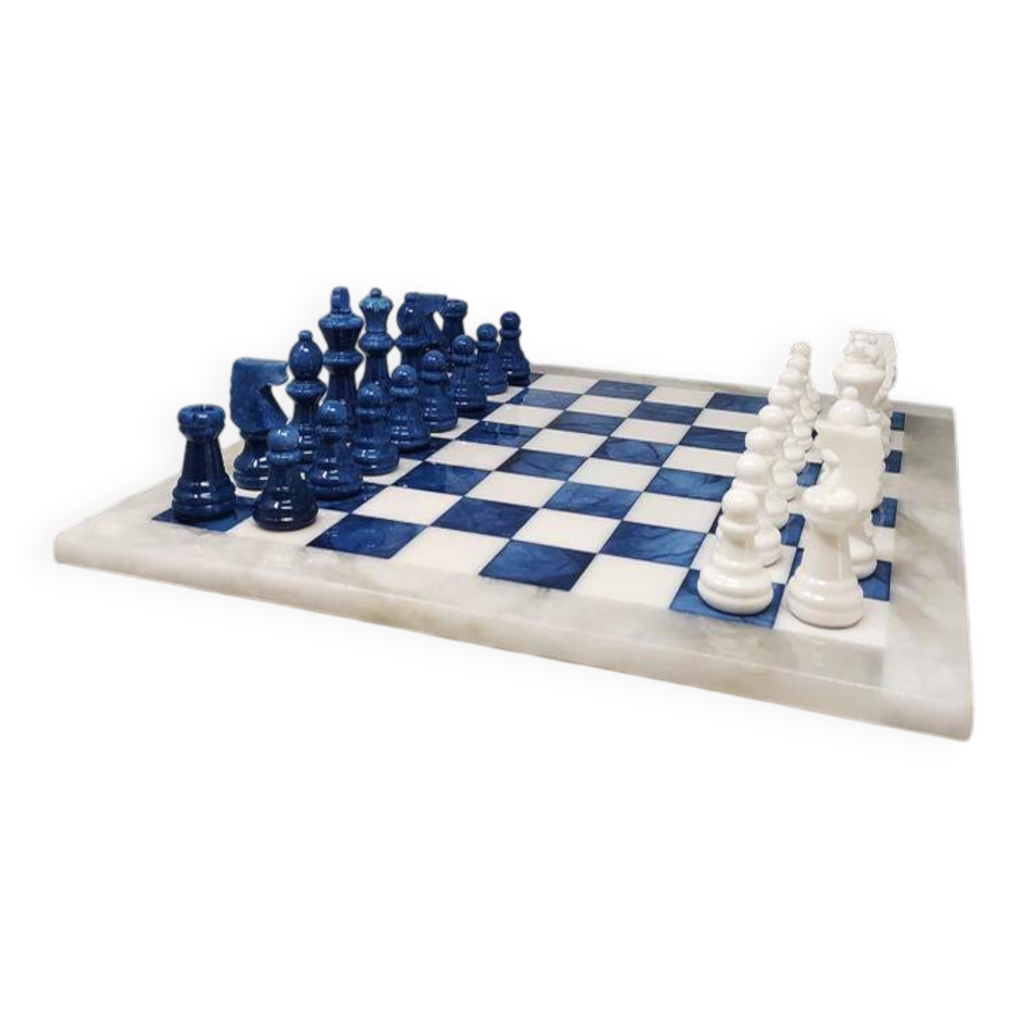 Jeu d'échecs en albâtre de Volterra bleu et blanc fabriqué à la main, années 1970